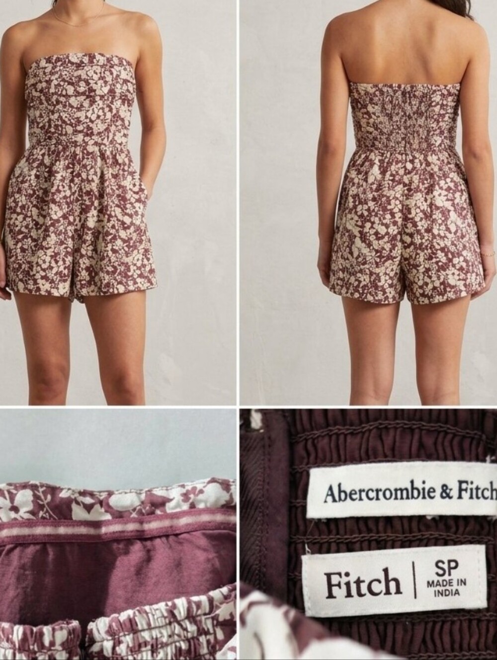 Abercrombie & Fitch Strapless Floral Romper in Burgundy Cream